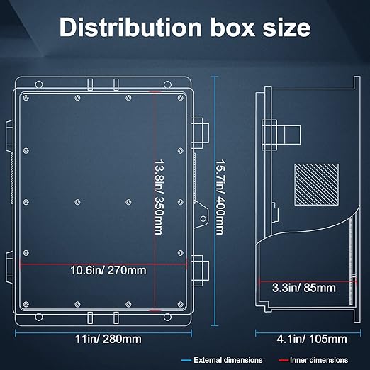 Outdoor Electrical Junction Box with High Power Outlet, ABS Water Resistant Enclosure with Internal Mounting Panel & Hinged Cover (16" H* 12" L* 4" W)