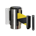 Montour Line WM115 Wall Mounted Retractable Belt Barrier with Standard Belt End, Fixed Mount, Polished Stainless Steel Casing (8.5 ft Black and Yellow Diagonal Belt)
