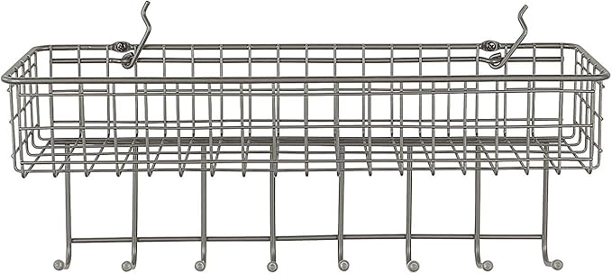 Spectrum Pegboard & Wall Mount Wire Basket With 8-Hook Station (Industrial Gray) - Storage & Organizer For Garage, Tools, Shed, Home, Work Bench, Crafts, & More
