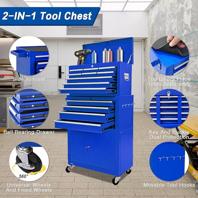 13-Drawer Rolling Tool Chest with Double Door, Extra Large Storage Cabinets with Tool Box, 2-in-1 Detachable Design, 600 lbs Capacity with Lockable Wheels for Garage, Mechanic & Home Use (Blue)