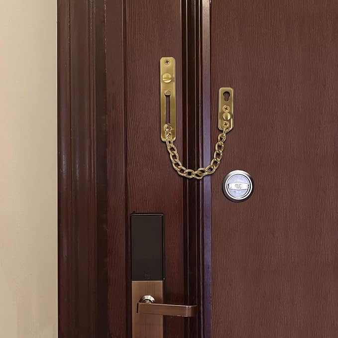 2 Pack Door Chain Lock, KINJOEK Stainless Steel Security Chain Guard with Spring Anti Theft Press Lock, Heavy Duty Polished Door Latch with Screws, Gold