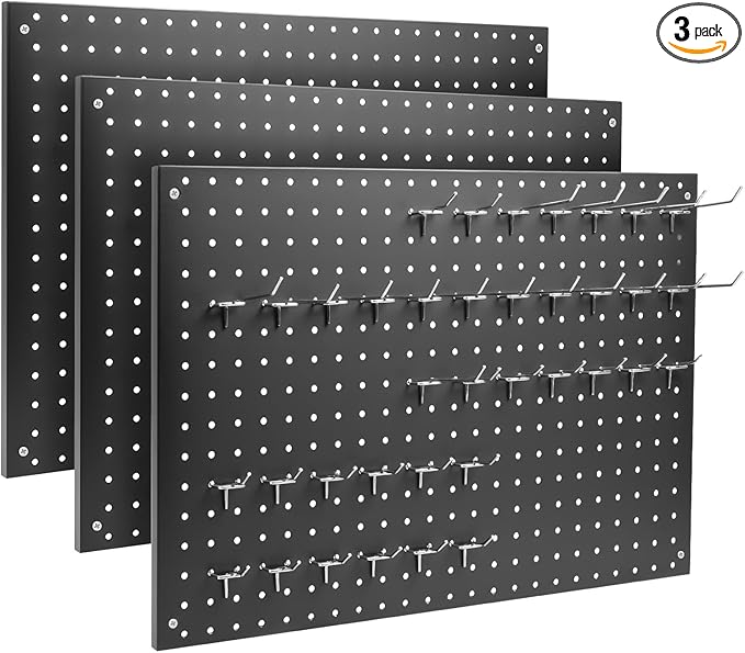 Peg Board, 3 Pack Metal Pegboard Panels Black Pegboards Wall Organizer with Frame Large Heavy Duty Peg Board with Hooks for Walls Home, Garage Tool Storage, Office, Craft Room, Kitchen 24”×16”