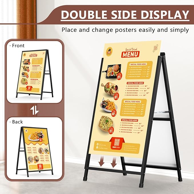 A Frame Sign 24x36 Inch Sandwich Board, Heavy Duty Double-Sided Folding Sidewalk Signboard, Slide-in Steel Metal Frame Sign Display Holder for Outdoor & Indoor Street Poster, Businesses, Advertising