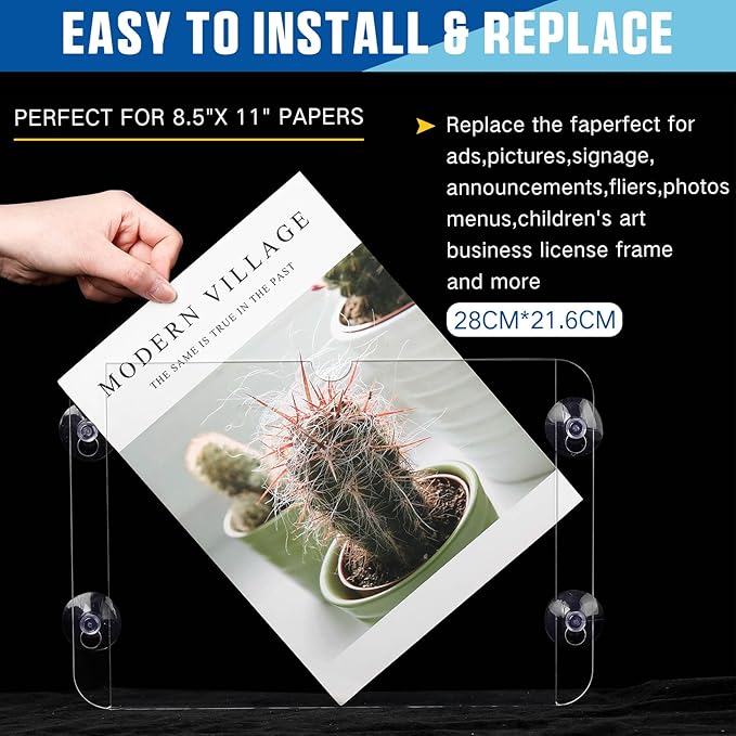 Handepo 8 Pcs Acrylic Window Sign Holder with Suction Cup 8.5 x 11 Inches Clear Acrylic Frames Bulk Glass Window Wall Mount Frames Advertising Signage Sign Holder for Mall Restaurant Store Office