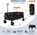 52" Foldable Wagon for Beach with 460lbs Weight Capacity, Heavy Duty 350L Extra Large Collapsible Foldable Wagon for Camping, All Terrain Beach Wagons Extended with Cup Holders for Sand