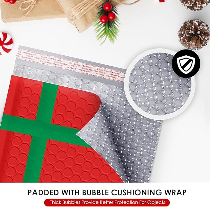Christmas Poly Bubble Mailers | #0 Cushion Mailer, 6"x10" | Self Seal | Holiday Themed, Red Green Gift Packaging Envelope | Xmas Padded Envelopes | Shipping Bags Mailing Envelopes | 100 pack Bulk