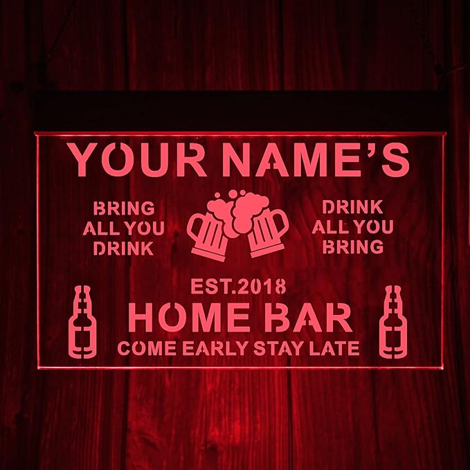 Personalized Acrylic Bar Signs for Home Bar, Custom Name Date Neon Bar Sign, Man Cave LED Bar Light Up Sign, Neon Sign Wall Decor