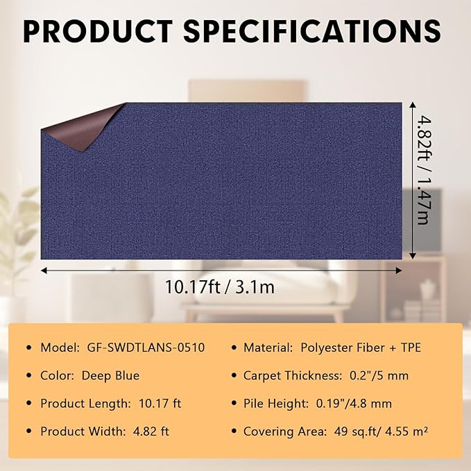 Marine Carpet,5 FT x 10 FT Deep Blue Indoor Outdoor Carpet 0.2" Thick Boat Carpet with Water-Proof TPE Backing, Non-Slide Outdoor Marine Carpet Roll for Home, Patio, Porch, Deck