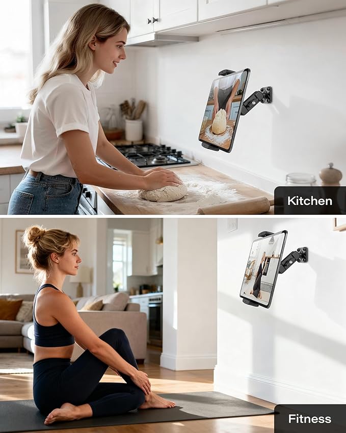 A2C for iPad Wall Mount, Heavy Duty Drill Mount Tablet Holder for Walls Kitchens, Metal Base & Arm 360° Adjustable Wall Mount for iPad Compatible with 4.7”-13” Devices