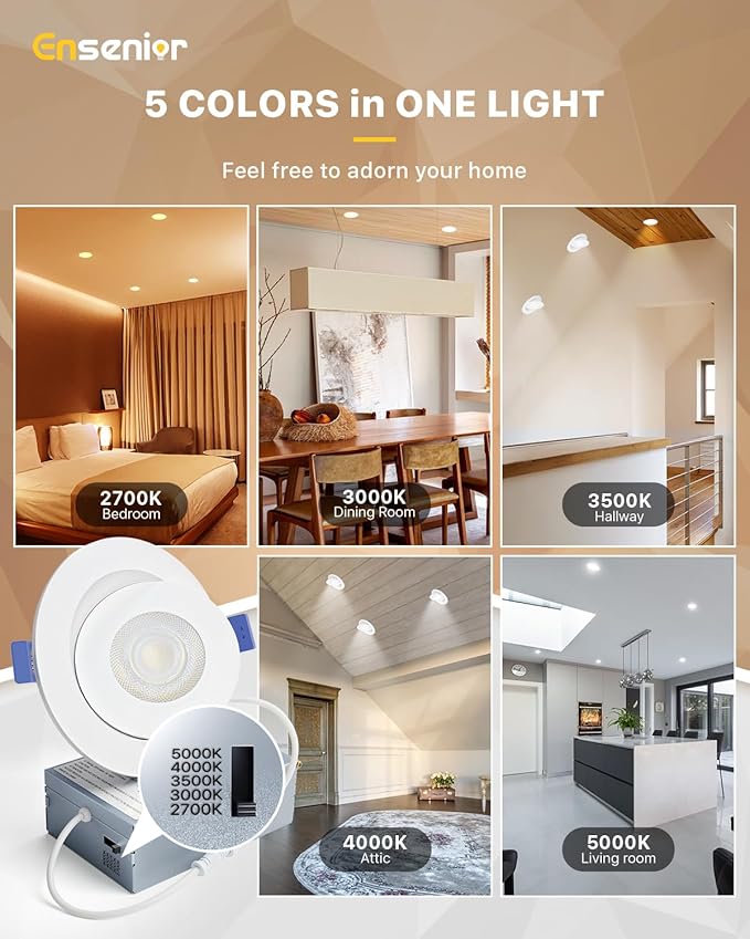 Ensenior 12 Pack 4 inch Gimbal Led Recessed Light with Junction Box, 90° Adjustable Directional Eyeball Lighting, Dimmable, 2700K/3000K/3500K/4000K/5000K, 900LM, 9W=85W-ETL&FCC Certified