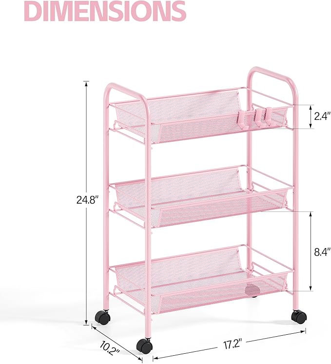 Metal Rolling Utility Cart, 3-Tier Mesh Wire Storage Trolley with Easy Assembly, Organizer Craft Cart 3 Hooks, Mobile Shelving Unit for Kitchen, Bathroom, Laundry Room, and Home