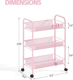 Metal Rolling Utility Cart, 3-Tier Mesh Wire Storage Trolley with Easy Assembly, Organizer Craft Cart 3 Hooks, Mobile Shelving Unit for Kitchen, Bathroom, Laundry Room, and Home