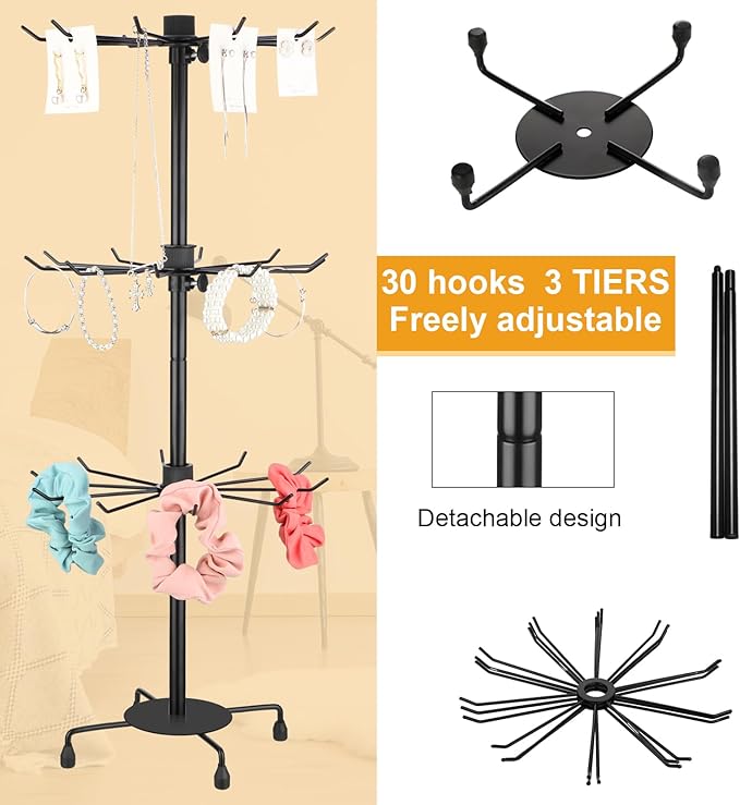 2 Pcs Spinning Jewelry Display Stand 3 Tier Rotating Keychain Earring Retail Rack Adjustable Fashion Counter Jewelry Tree Display Holder Organizer for Women Men (Black)