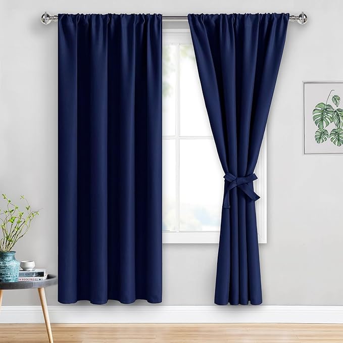 JIUZHEN Blackout Curtains for Bedroom - Thermal Insulated Room Darkening Rod Pocket Curtains for Living Room, Set of 2 Panels with Tiebacks, 52 x 72 Inch Length, Navy Blue