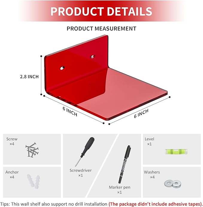 6 Inches Acrylic Small Wall Shelves, Red Floating Shelf for Wall Mounting, Acrylic Display Ledges for Funko Pop Figures, Home Décor, Living Room, Gaming Room, Plants, 2 Pack