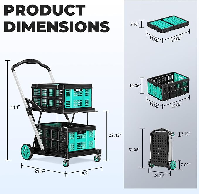 Collapsible Shopping Cart with Wheels, 8-in-1 200LBS Capacity Grocery Cart on Wheels with 2 Storage Crate, Folding Utility Cart for Shopping, Travel, Supermarket, Office, Teal