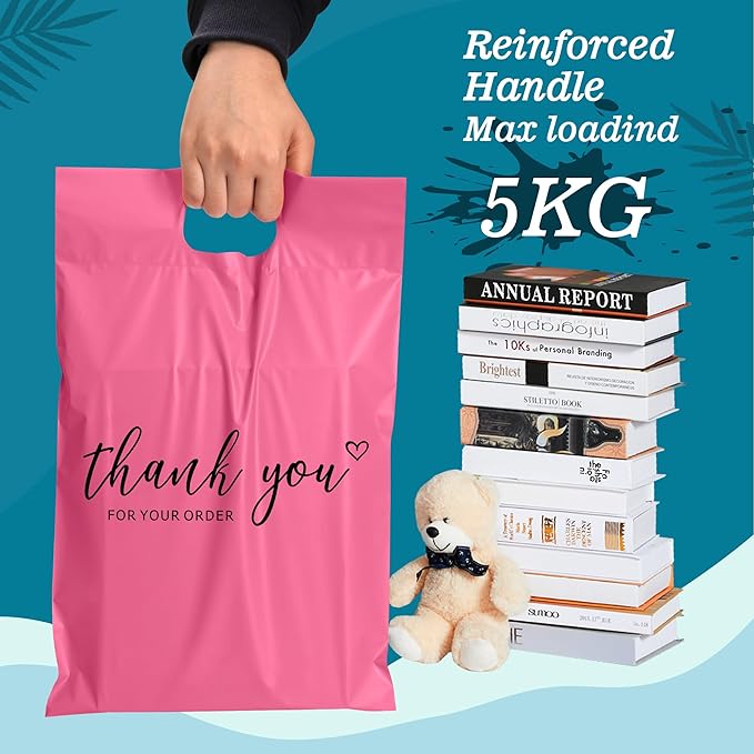 JinRuiKJ Poly Mailers with Handle 10x13 Inch 100 Pcs, Easy to Carry Packaging Bags for Small Business, Thank You Shipping Bags with Self Adhesive Strip, Tearproof and Waterproof - Pink