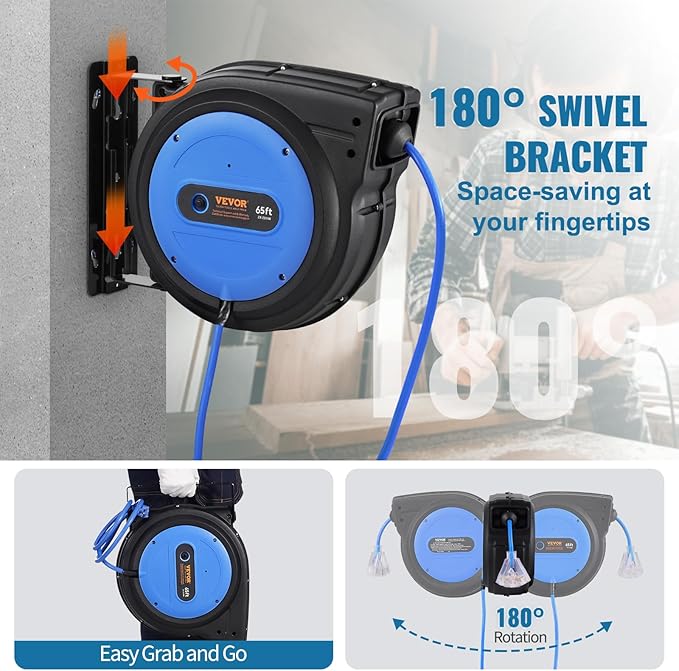 VEVOR 65FT Retractable Extension Cord Reel, 12AWG/3C SJTOW Heavy Duty Power Cord w/Lighted Electrical Triple Tap Outlets, 15A Circuit Breaker,180° Swivel Bracket for Workshop or Garage, Blue