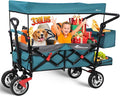 Collapsible Wagon with Canopy,330lbs Cart, Collapsible Foldable Garden Cart- with Adjustable Push Pulling Handles Outdoor Utility Wagon for Beach Garden Camping, Blue