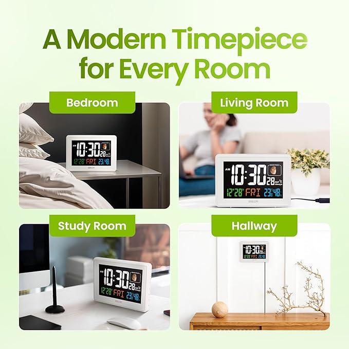 Baldr Atomic Clocks for Bedrooms Digital Large Display - White - Desk Clock with Temperature Indoor and Humidity, Night Stand Clock, Moon Phase Clock, Alarm Clocks for Living Room, Digital Clock Wall