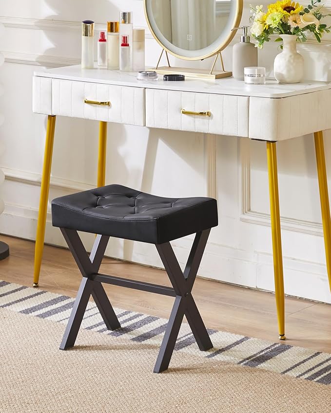IBUYKE U-Shaped PU Vanity Stool, Square Makeup Chair with X-Leg, Ottoman Seat Footrest Stool, Multi-Use as Small Side Table, for Bedroom, Living Room, Black WBD019B