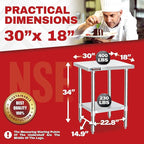DuraSteel 30x18 Small Stainless Steel Table - NSF Commercial Kitchen Island Food Prep Worktable - Metal Side Mixer Stand with Under Shelf - For Laundry Room, Kitchen, Outdoor Grill, Tiny Spaces