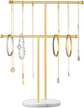 pickpiff Necklace Holder Stand: 2 Tier Jewelry Organizer with Marble Base, Gold Jewelry Tree Display for Bracelets, Rings, Earrings, Gold and White