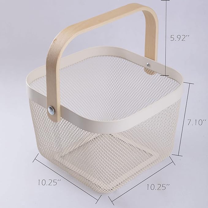 IBWell Square Metal Wire Woven Fruit Storage Bowl Basket with Wooden Handle, Large Black Mesh Fruit Stand, Multi-function Hanging Kitchen Baskets (White, Normal 4PCS)