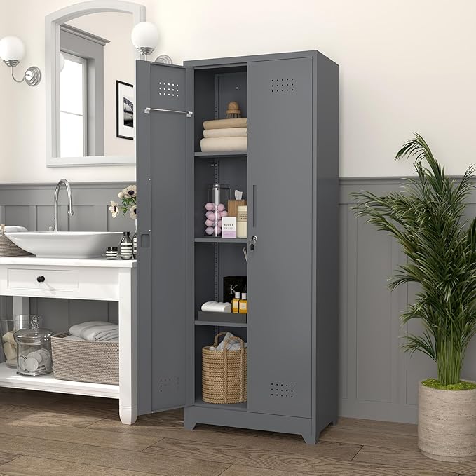 LUCYPAL 65" H Metal Garage Storage Cabinet with Shelves and Lock,Broom Closet Storage Cabinet with Hanging Rods for Mops,Garage Tool Cabinets for Utility Room,Laundry Room,Grey