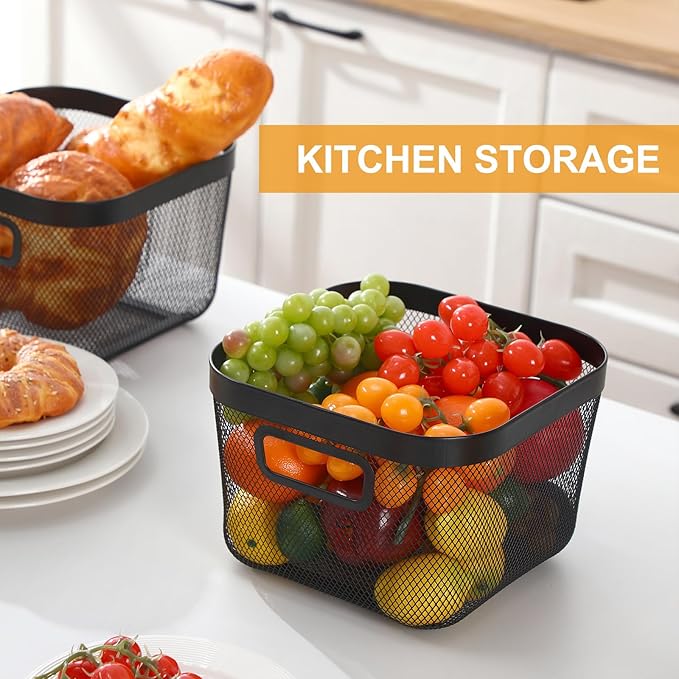 4 Pack Metal Mesh Basket with Hollow Handles Black Wire Storage Bin for Organizing Stackable Metal Fine Mesh Basket for Pantry Bathroom Kitchen Cabinets Shelves (Medium and Large)