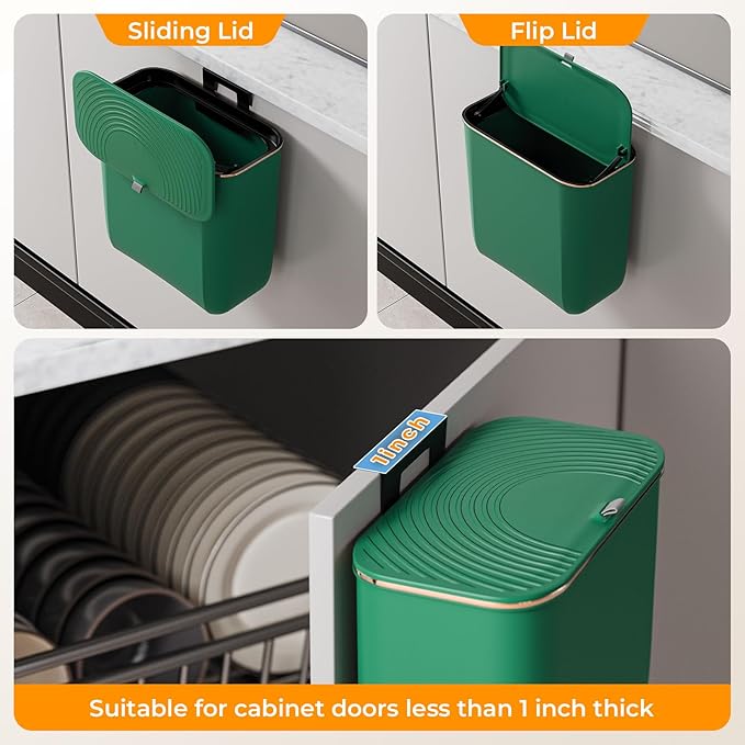 2.4 Gallon Hanging Trash Can - Small Under Sink Trash Can with Lid, Wall Mounted Garbage Bin for Kitchen & Bathroom Cupboard, Odor-Control, Extended Clamping Ring, Green