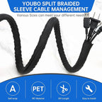 Split Braided Cable Sleeve，Flexible Wire Loom Tubing, Automotive Cord Protector Pet Proof, Cable Management for Computer TV Electric Wires Harness 16ft (Black, 30mm（1-3/16")