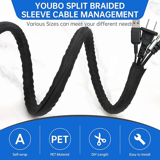 Split Braided Cable Sleeve，Flexible Wire Loom Tubing, Automotive Cord Protector Pet Proof, Cable Management for Computer TV Electric Wires Harness 16ft (Black, 10mm（3/8")