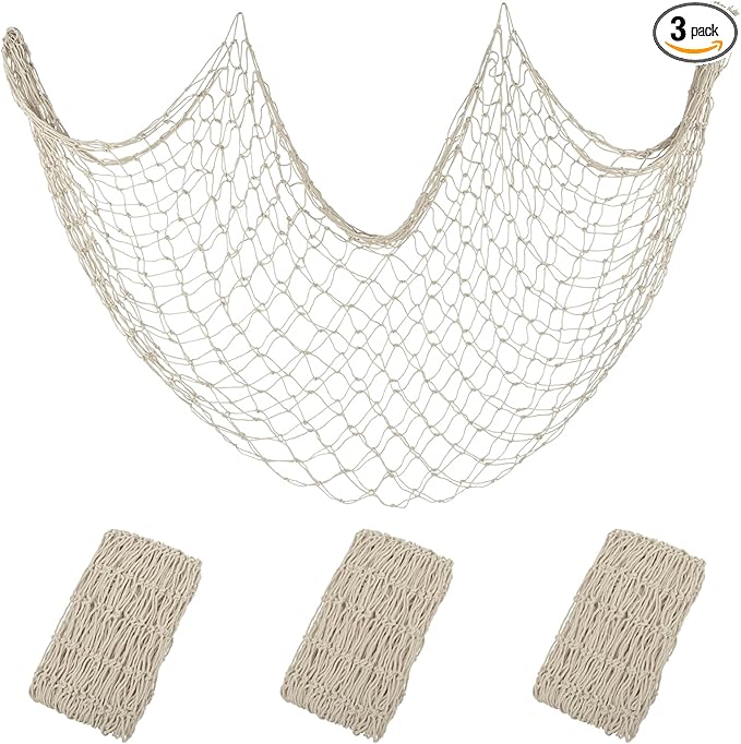 Patioland Decorative Fishing Net 2 Pack, 80x40 Inch Large Beige Fish Net Decor for Wall, Photo Display, Nautical Mermaid Pirate Ocean Themed Beach Hawaii Under the Sea Party Decorations