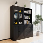 TUSY 71" H Bookshelf Bookcase with Doors, 3-Tier Modern Bookshelves with 3 Large Drawer, Display Bookcase with Glass Doors, Modern 5-Tier Curio Cabinet for Home Office, Dining Room (Black, AB)