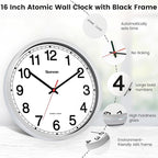 Geevon 16 Inch Atomic Wall Clock - Self-Setting Analog Clock with Automatic Time Sync - Battery Operated for Home Office School - Silver Frame
