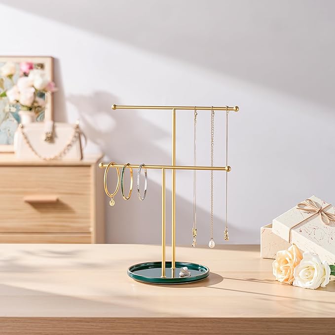 Gold Jewelry Holder Stand with Ceramic Tray: Small Hanging Necklace Organizer Tree for Earrings, Bracelets, Rings – Jewelry Display Hanger for Women & Girls, Green