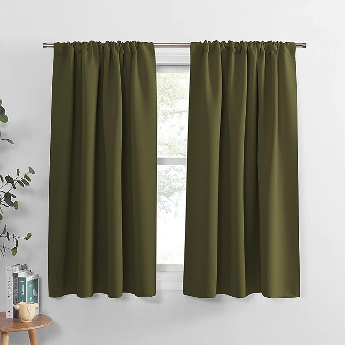PONY DANCE Blackout Curtains & Drapes - Black Out Window Curtain Home Decoration Thermal Insulated Light Block Drapes for Christmas New Year, 52 by 54 inches, Olive Green, Set of 2