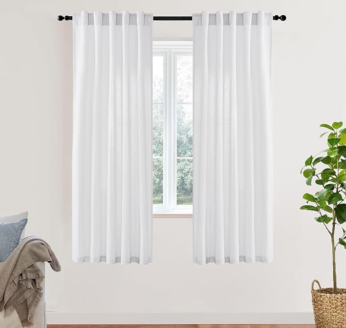 White Sheer Curtains 72 Inches Long for Living Room Bedroom,Linen Cotton Textured Back Tab Hooks Pleat Semi Privacy Light Filtering Sidelight French Door Curtain Drapes 72 In Length 2 Panels Set