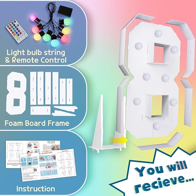 imprsv 3FT Colorful Marquee Numbers,18 Colors with Remote, Light Up Numbers 8 for 18th 80th Birthday Decorations Anniversary Party Decor, Pre-Cut Foam Board Kit, Mosaic Sign for Balloon
