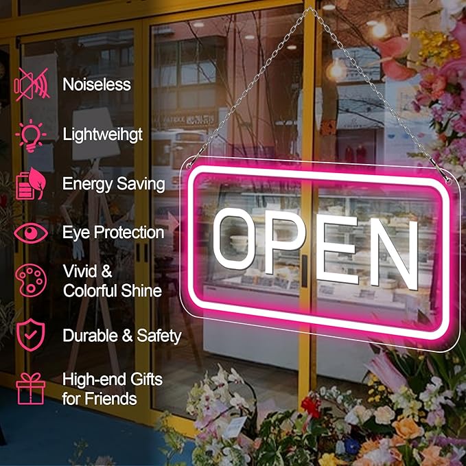 inShareplus 22.8"x 11.8" Open Sign, Super Bright Open Signs for Business, Neon Open Sign with ON/OFF Switch adapter, Electric Light up Sign for Stores, Restaurants Window (Pink&White Horizontal)