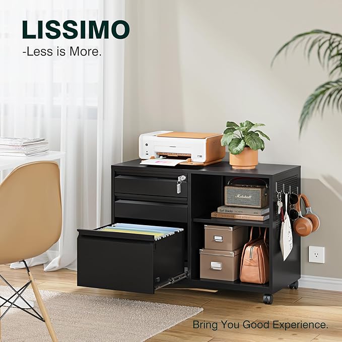 3 Drawer File Cabinet with Lock,Mobile Lateral Filing Cabinet,Metal Printer Stand Storage Cabinets with Shelves for Home Office(Black)