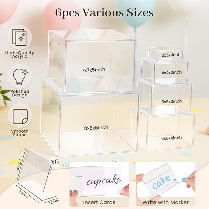 DomeStar 6PCS Buffet Risers and Stands Set, Clear Acrylic Food Risers for Dessert Table Party Display - Cupcake, Cake, Fruit, including 8", 7", 6", 5", 4", 3"