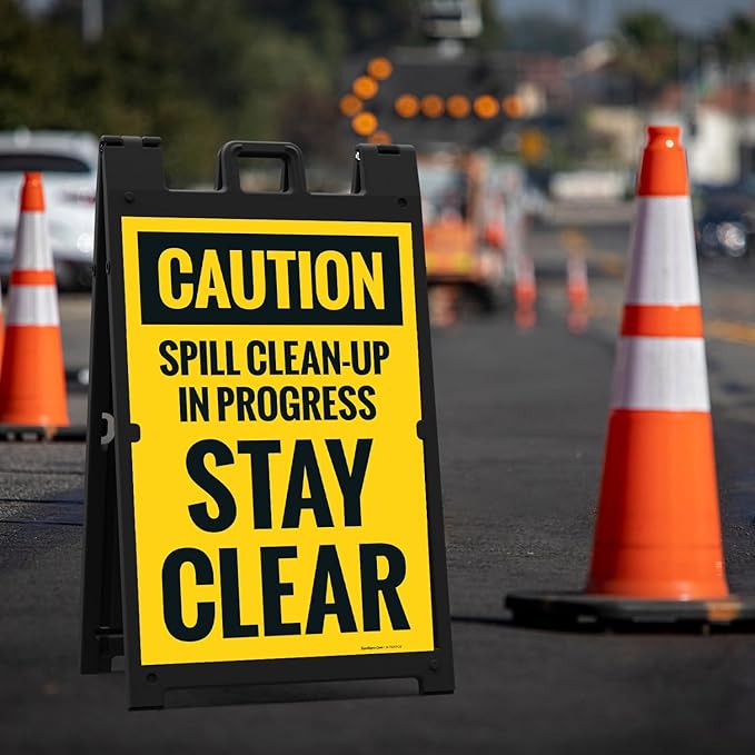 Caution Spill Cleanup in Progress Stay Clear Sidewalk Sign Kit, 24x36 Inches, with A Frame Stand, Made in USA