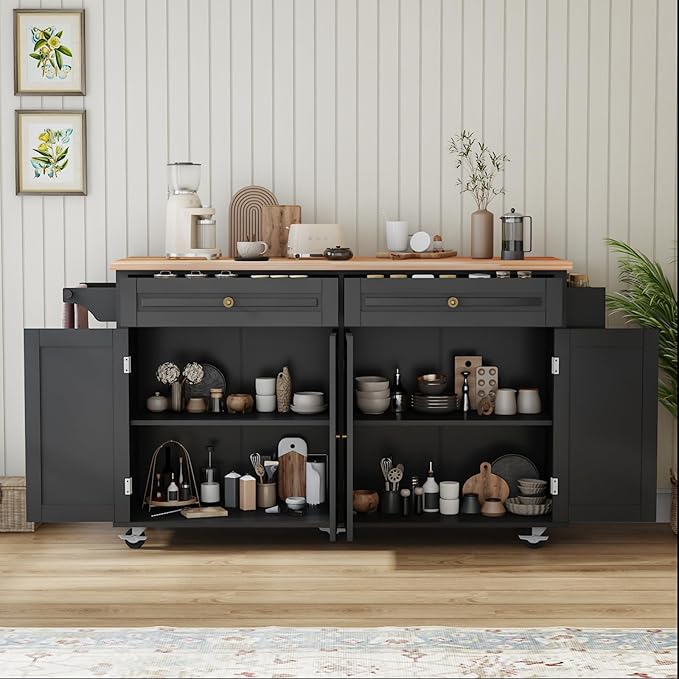 67’’ Movable Kitchen Island with Drop Leaf and Power Outlet, Lockable Sliding Countertop Rolling Island Cart with 2 Large Drawers, Spice, Towel Rack,Black