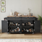 67’’ Movable Kitchen Island with Drop Leaf and Power Outlet, Lockable Sliding Countertop Rolling Island Cart with 2 Large Drawers, Spice, Towel Rack,Black