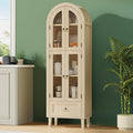 71” Tall Arched Pantry Cabinet with Glass Door, Display Cabinet Organizer with Drawer, Versatile Pantry with Top-Opening Storage Container for Living, Kitchen Dining Room, Natural