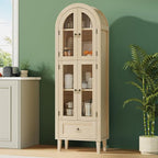71” Tall Arched Pantry Cabinet with Glass Door, Display Cabinet Organizer with Drawer, Versatile Pantry with Top-Opening Storage Container for Living, Kitchen Dining Room, Natural