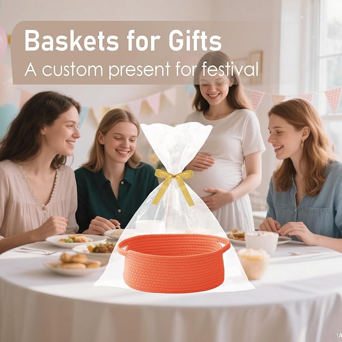 Woven Basket,Small Rope Storage Bin with Handles & Ribbon Bag, Organizer for Shelves Closets,Gift Basket Empty for Birthday,Books,Dog Toys,Orange/3 Pack