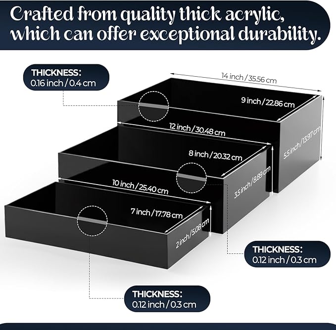 3 Pack Extra Large Acrylic Buffet Risers - 14”, 12”, 10” Black Display Stands with Hollow Bottoms, Cube Riser Boxes Nesting for Dessert Food Catering Buffet Display Party Supplies